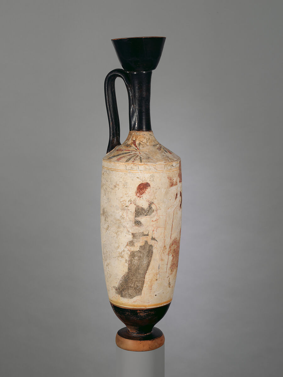 Terracotta lekythos (oil flask), Attributed to Group R, Terracotta, Greek, Attic 