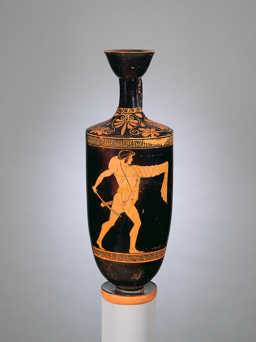 Terracotta lekythos (oil flask), Attributed to the Oionokles Painter, Terracotta, Greek, Attic 