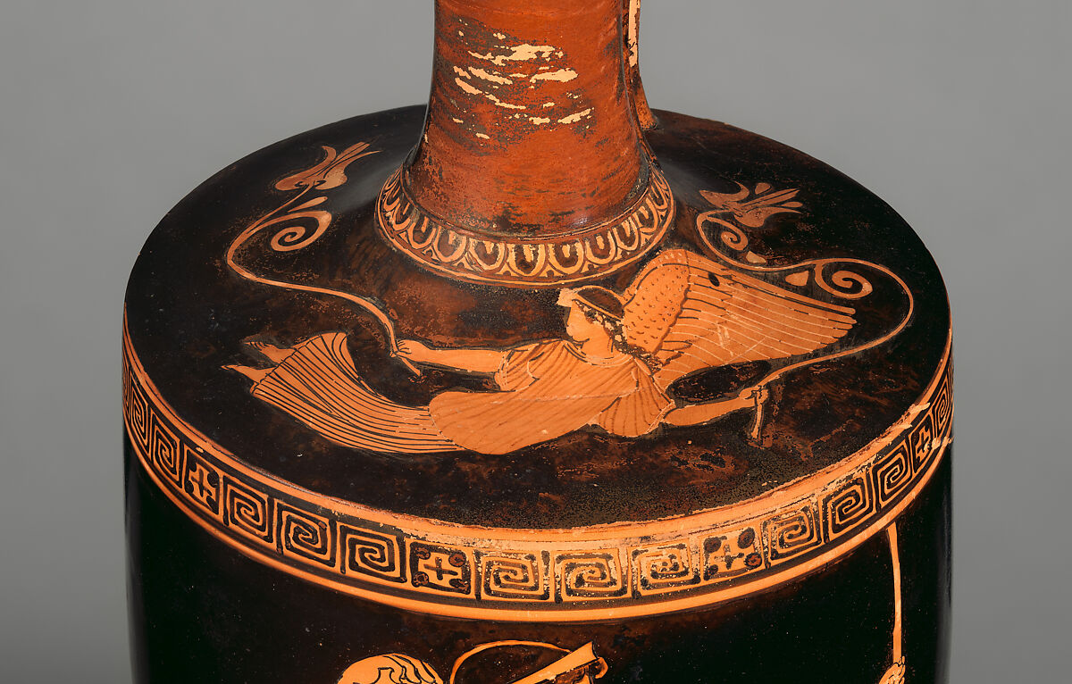 Terracotta lekythos (oil flask), Attributed to the Providence Painter, Terracotta, Greek, Attic