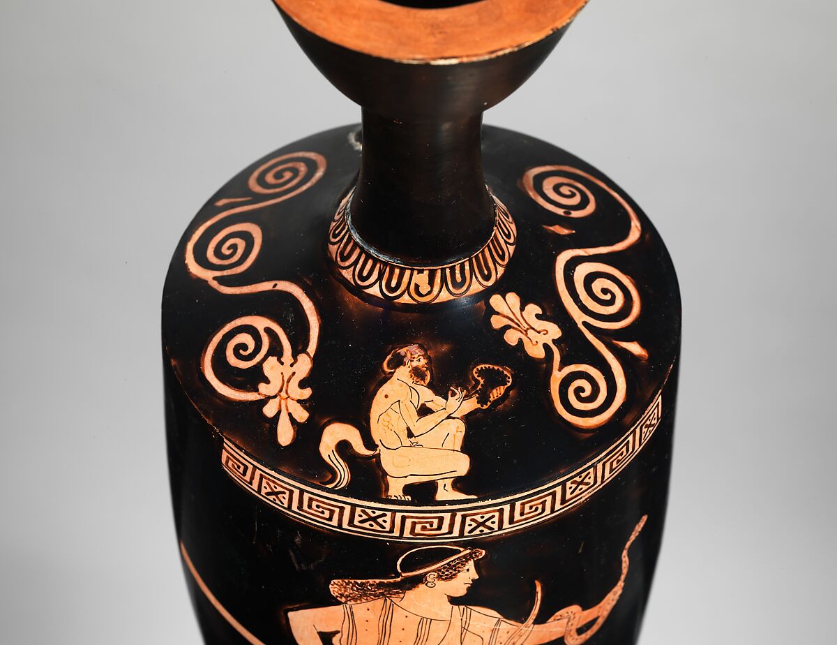 Terracotta lekythos (oil flask), Attributed to Hermonax, Terracotta, Greek, Attic