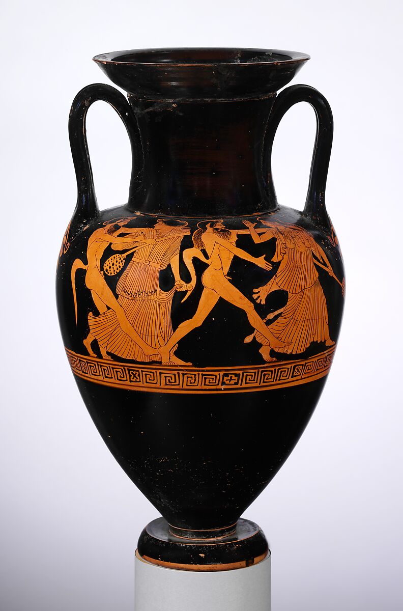 Terracotta Nolan neck-amphora (jar), Attributed to the Oionokles Painter, Terracotta, Greek, Attic 