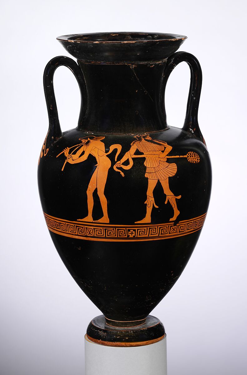 Terracotta Nolan neck-amphora (jar), Attributed to the Oionokles Painter, Terracotta, Greek, Attic