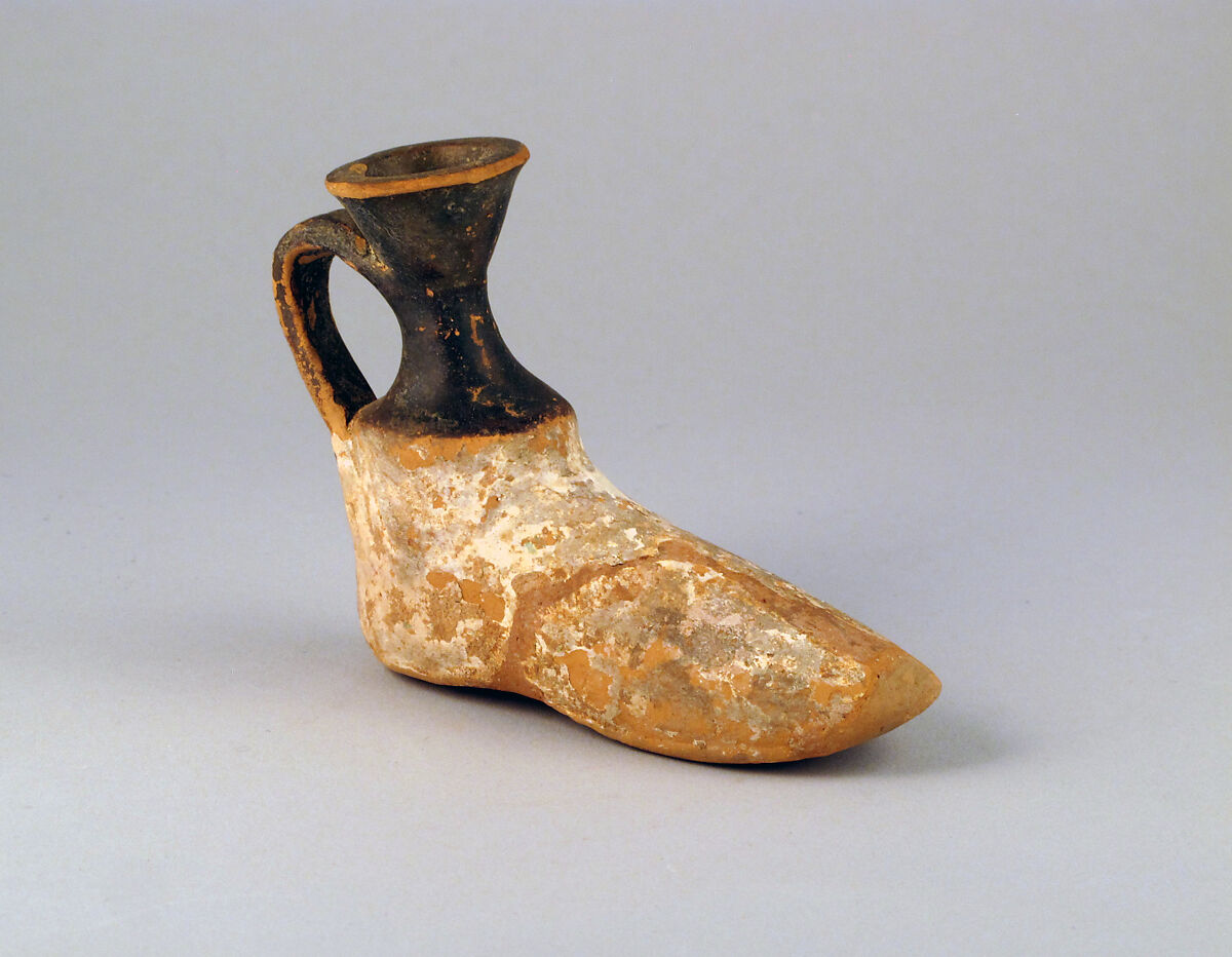 Aryballos in the form of a foot with shoe, Terracotta, Greek, Attic 