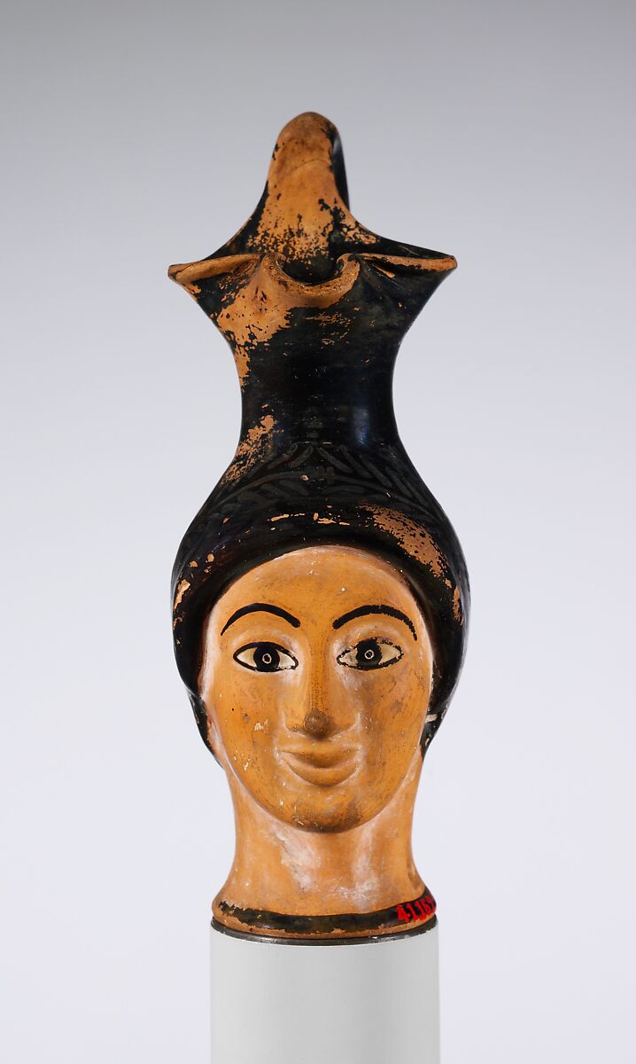 Terracotta oinochoe (jug) in the form of a woman's head, Terracotta, Greek, Attic 