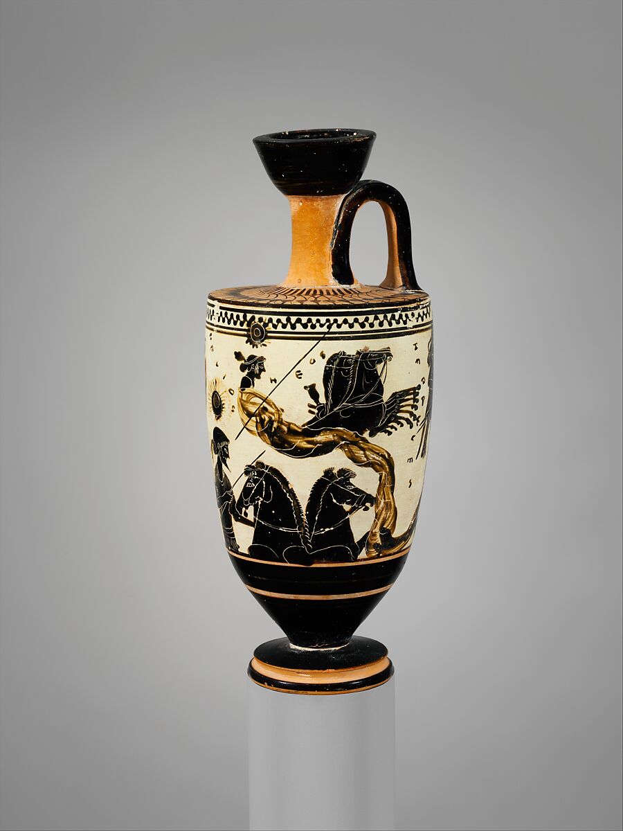 Terracotta lekythos (oil flask), Attributed to the Sappho Painter, Terracotta, Greek, Attic 