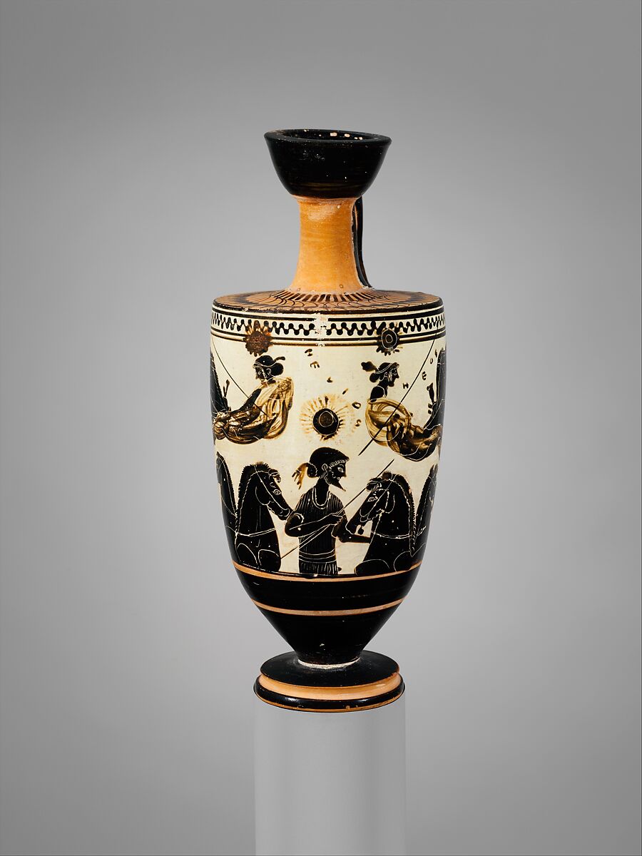 Terracotta lekythos (oil flask), Attributed to the Sappho Painter, Terracotta, Greek, Attic