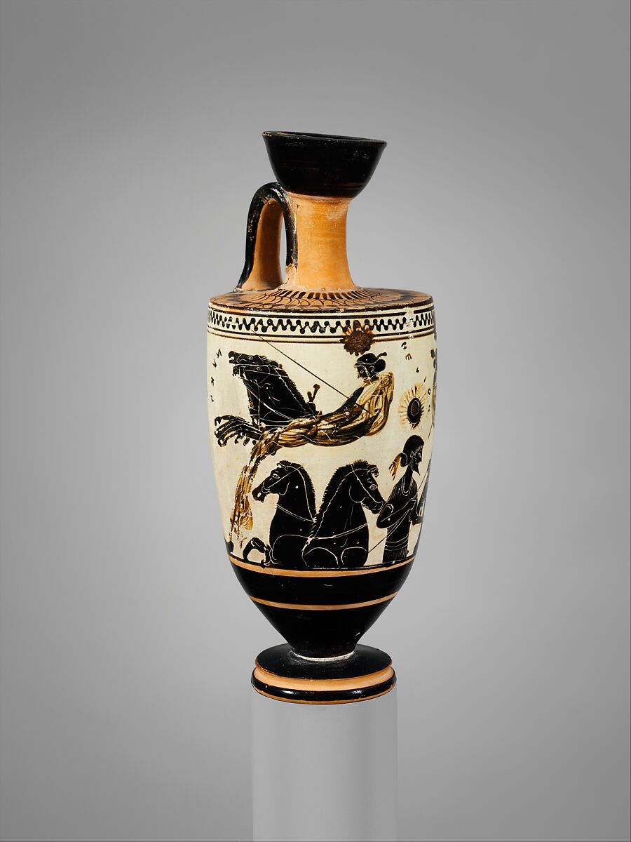 Terracotta lekythos (oil flask), Attributed to the Sappho Painter, Terracotta, Greek, Attic