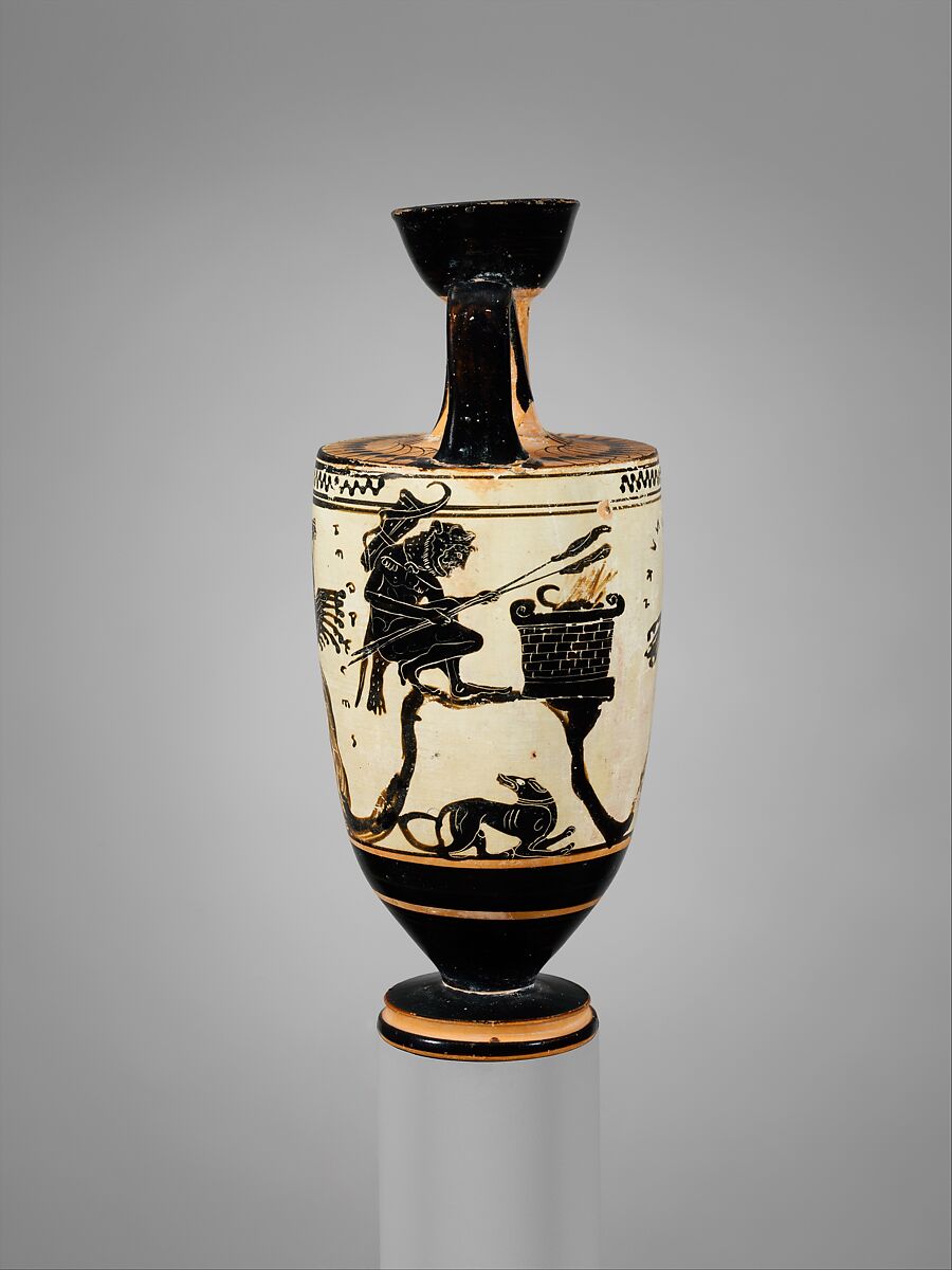 Terracotta lekythos (oil flask), Attributed to the Sappho Painter, Terracotta, Greek, Attic