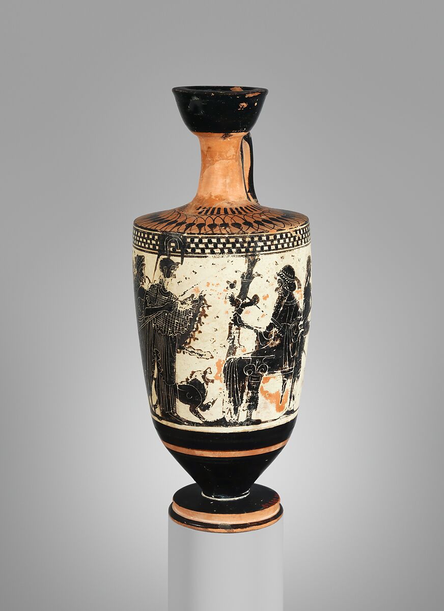 Terracotta lekythos (oil flask), Attributed to the Sappho Painter, Terracotta, Greek, Attic 
