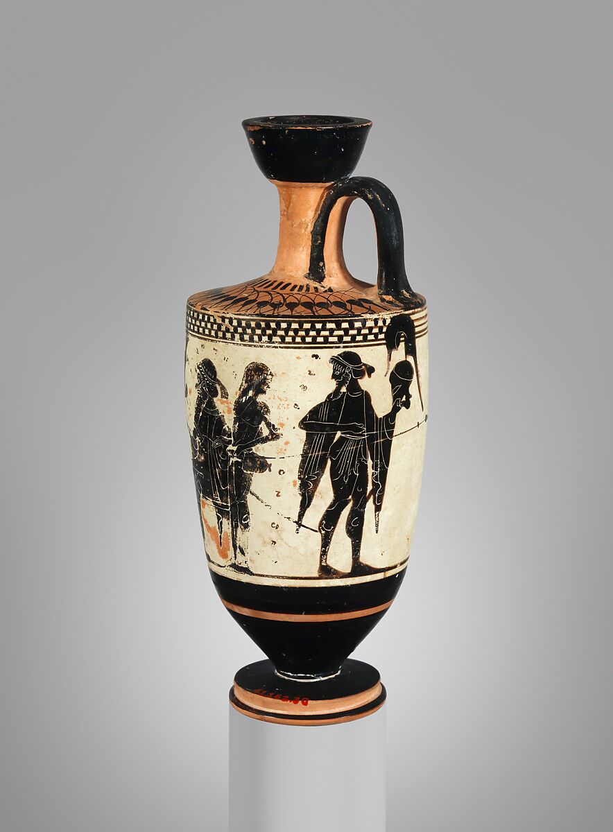 Terracotta lekythos (oil flask), Attributed to the Sappho Painter, Terracotta, Greek, Attic