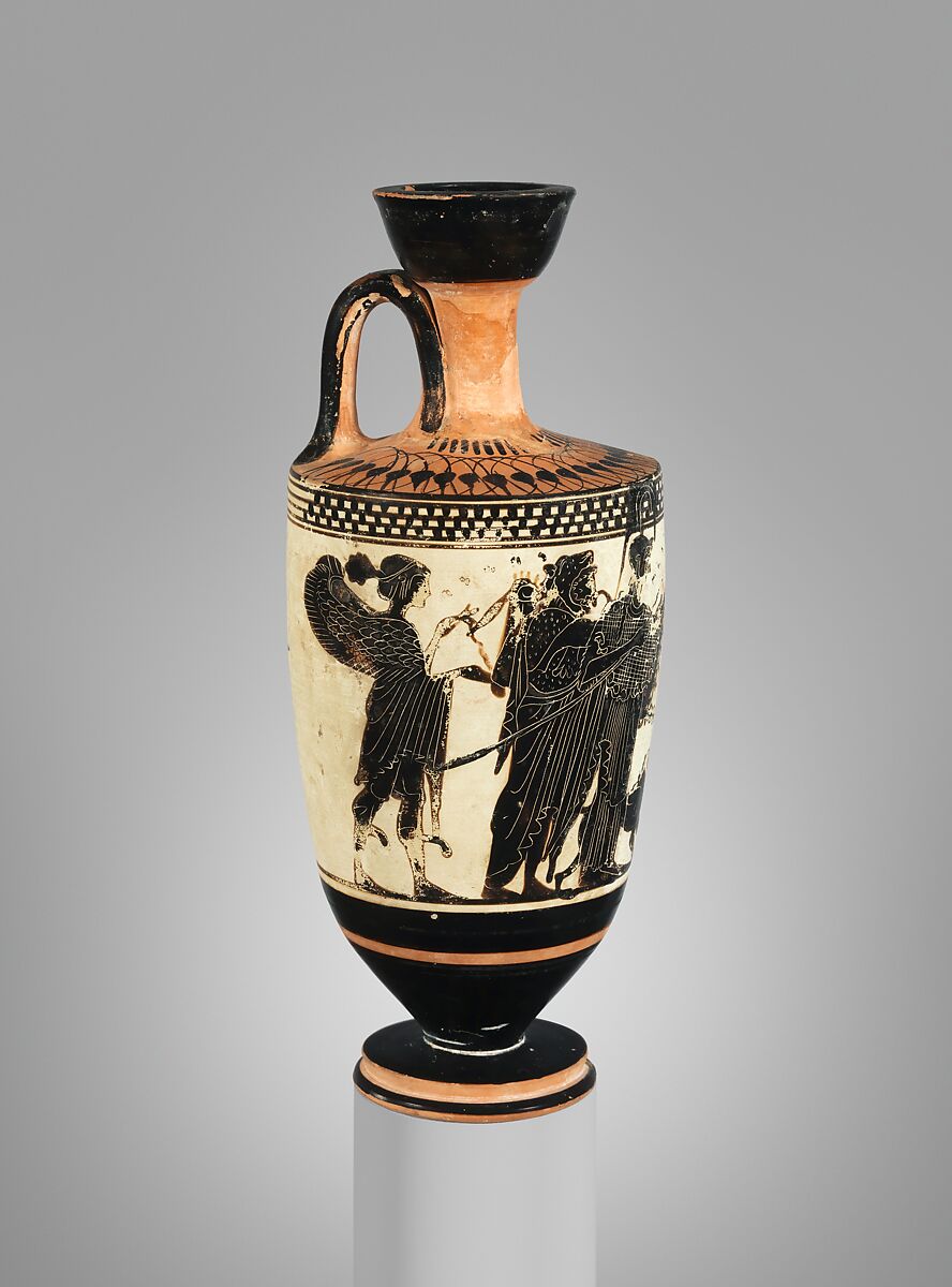 Terracotta lekythos (oil flask), Attributed to the Sappho Painter, Terracotta, Greek, Attic