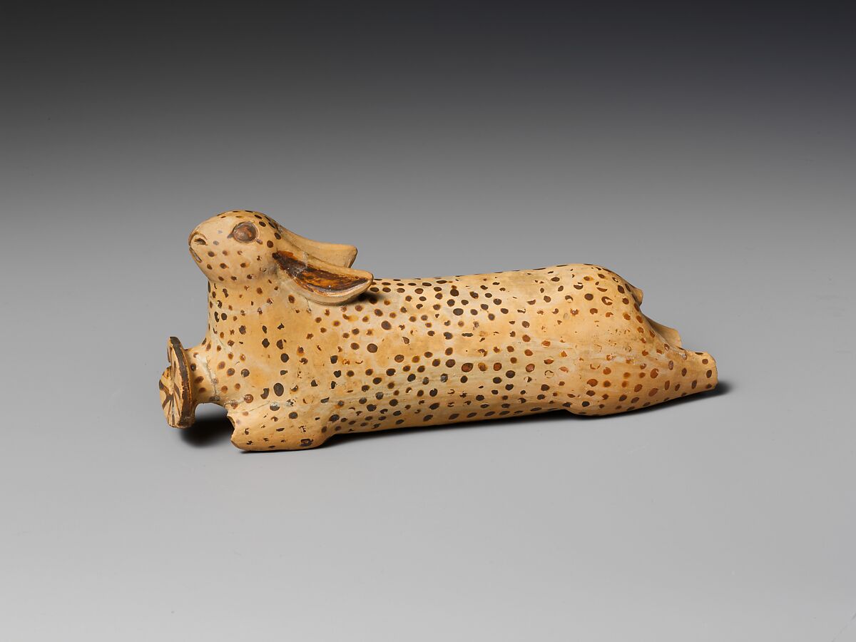 Terracotta alabastron (perfume vase) in the shape of a hare, Terracotta, Etruscan, Etrusco-Corinthian 