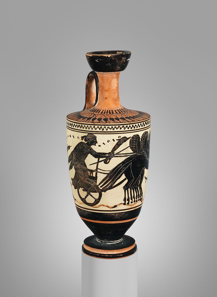 Terracotta lekythos (oil flask), Attributed to the Sappho Painter, Terracotta, Greek, Attic 