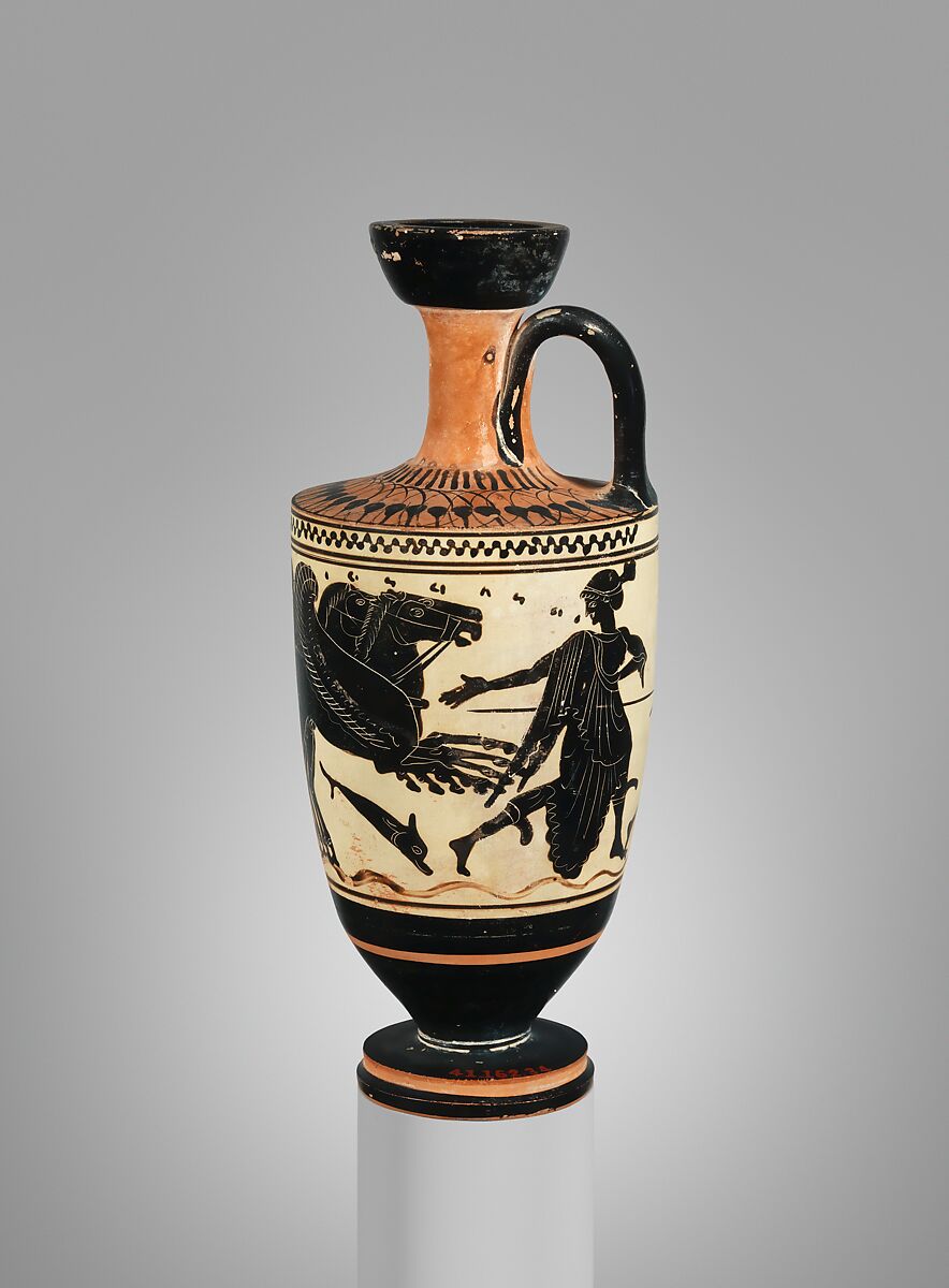 Terracotta lekythos (oil flask), Attributed to the Sappho Painter, Terracotta, Greek, Attic