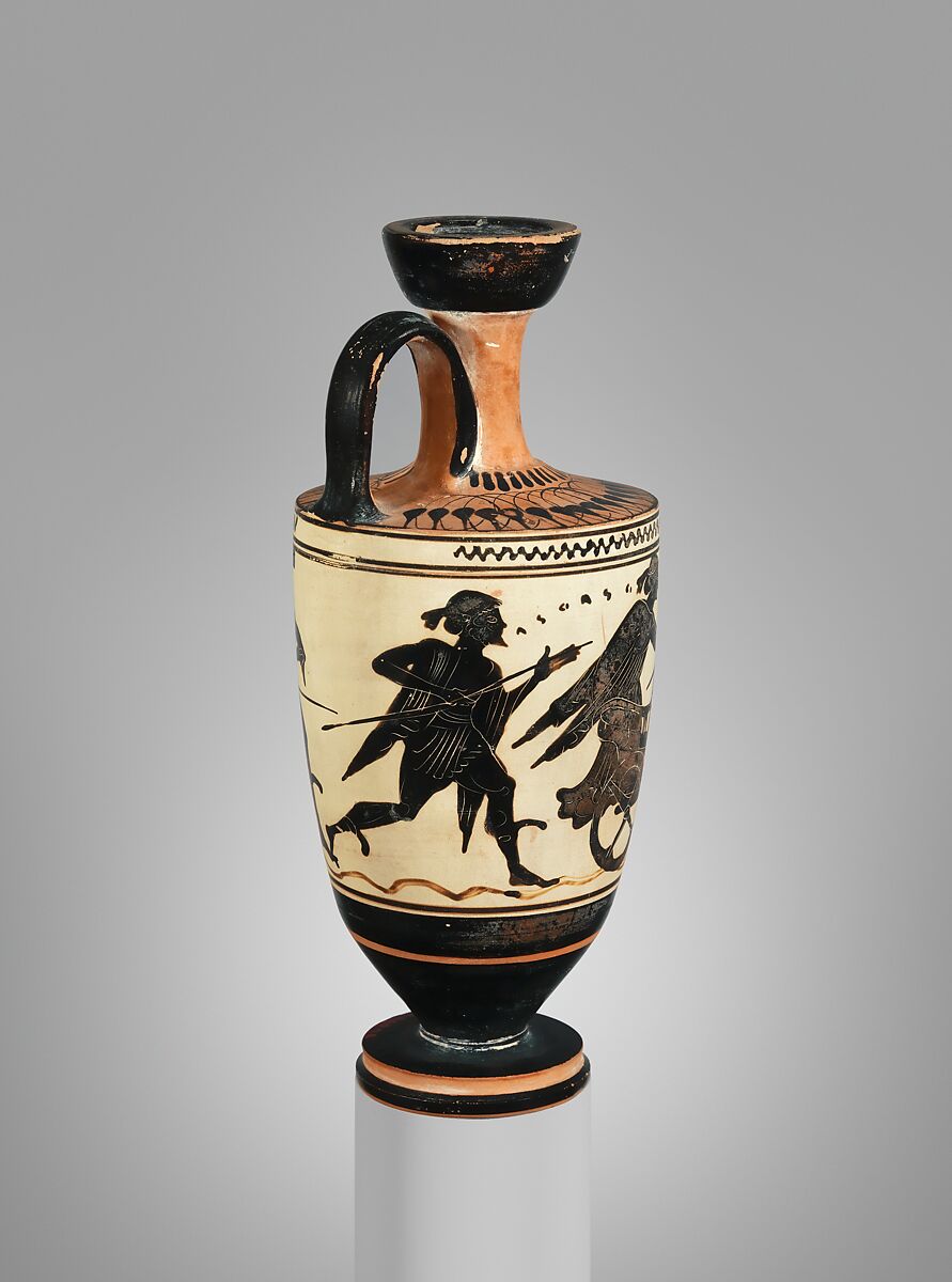 Terracotta lekythos (oil flask), Attributed to the Sappho Painter, Terracotta, Greek, Attic