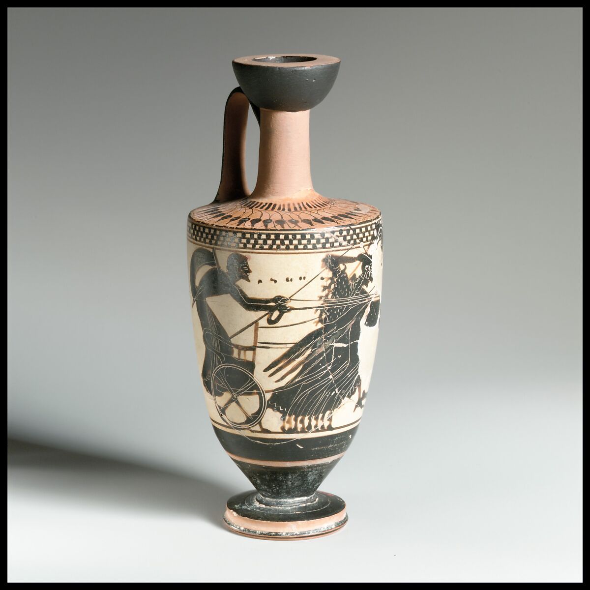 Terracotta lekythos (oil flask), Attributed to the Sappho Painter, Terracotta, Greek, Attic