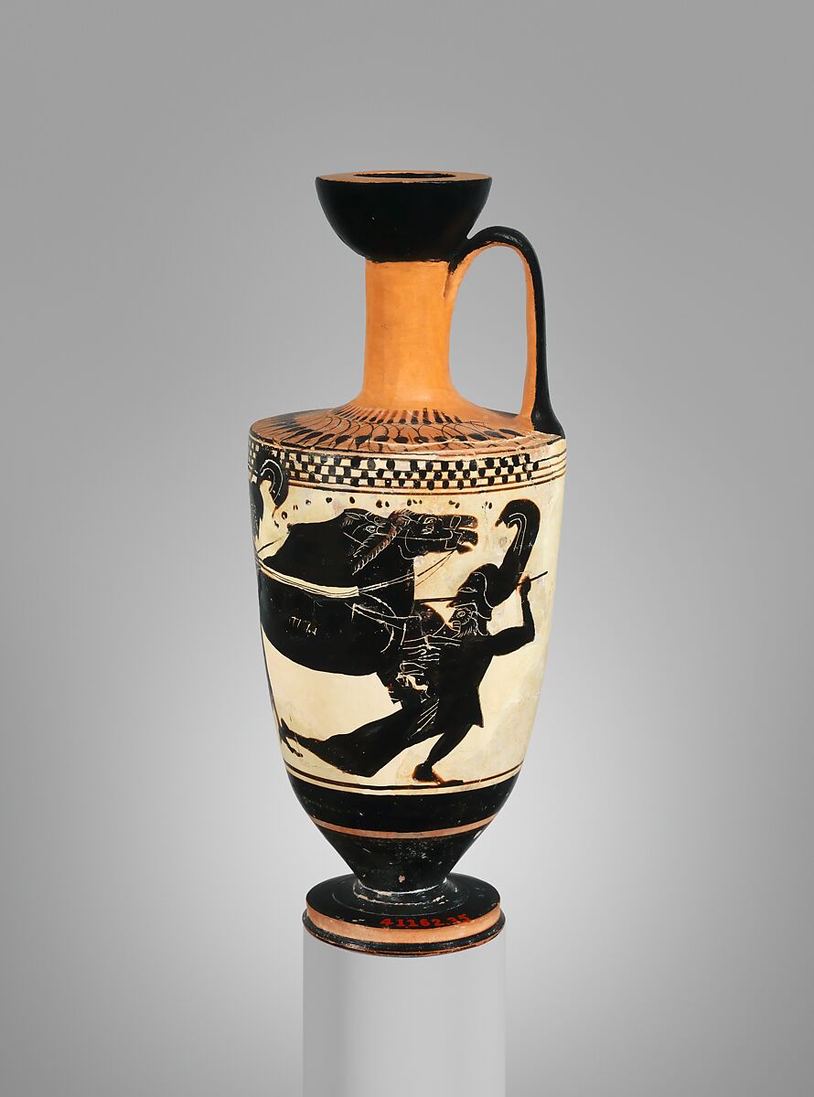 Terracotta lekythos (oil flask), Attributed to the Sappho Painter, Terracotta, Greek, Attic 