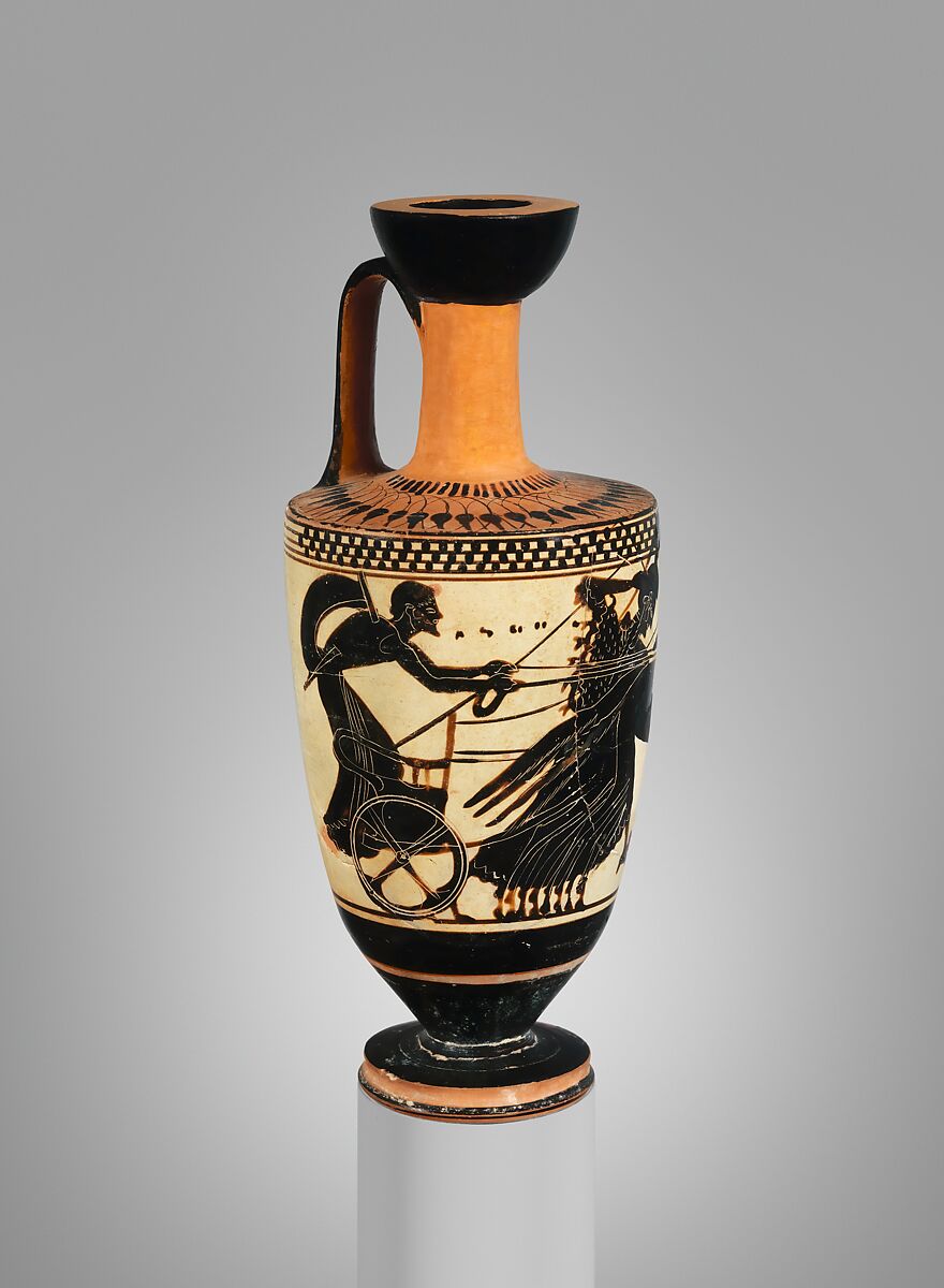 Terracotta lekythos (oil flask), Attributed to the Sappho Painter, Terracotta, Greek, Attic