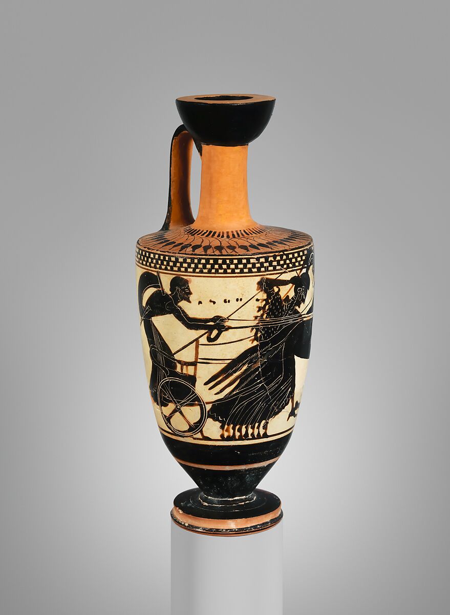 Terracotta lekythos (oil flask), Attributed to the Sappho Painter, Terracotta, Greek, Attic