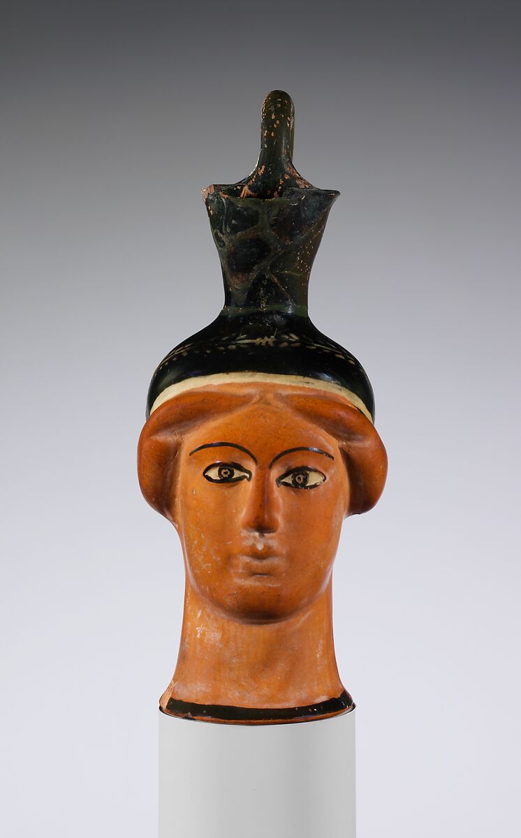 Terracotta oinochoe (jug) in the form of a woman's head, Attributed to the Class S: The Canessa Class of Head Vases, Terracotta, Greek, Attic 