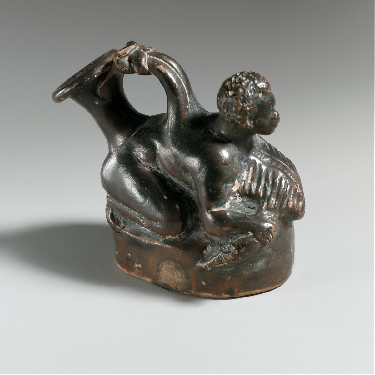 Terracotta askos (flask with a spout and handle), Terracotta, Greek, South Italian, Campanian