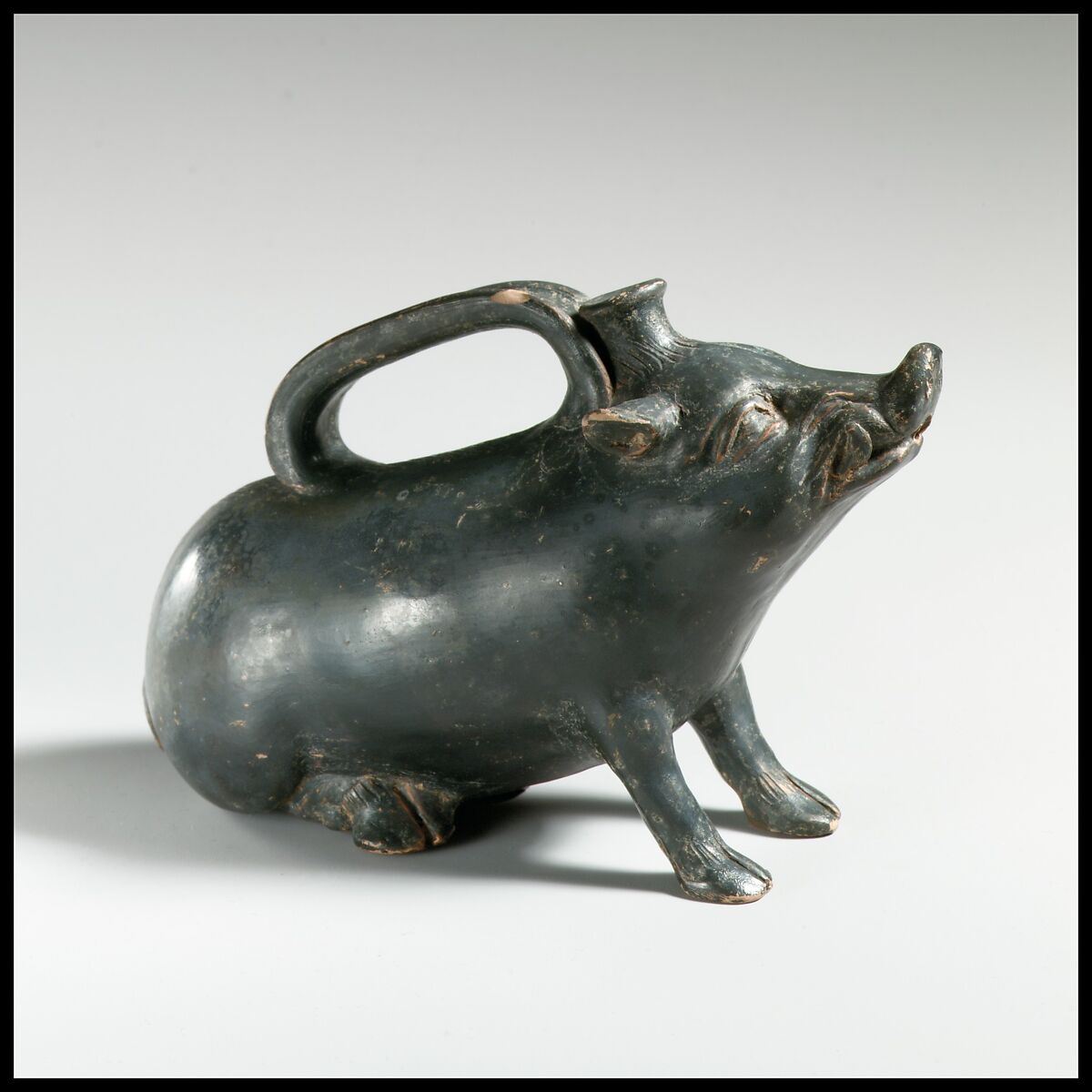 Terracotta askos in the form of a boar, Terracotta, Greek, South Italian, Campanian 