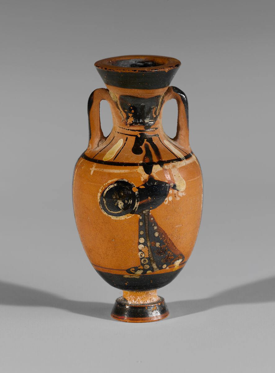 Terracotta miniature Panathenaic amphora, Attributed to the Bulas Group, Terracotta, Greek, Attic 
