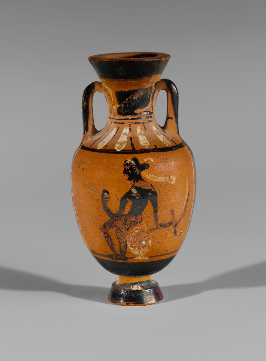 Terracotta miniature Panathenaic amphora, Attributed to the Bulas Group, Terracotta, Greek, Attic