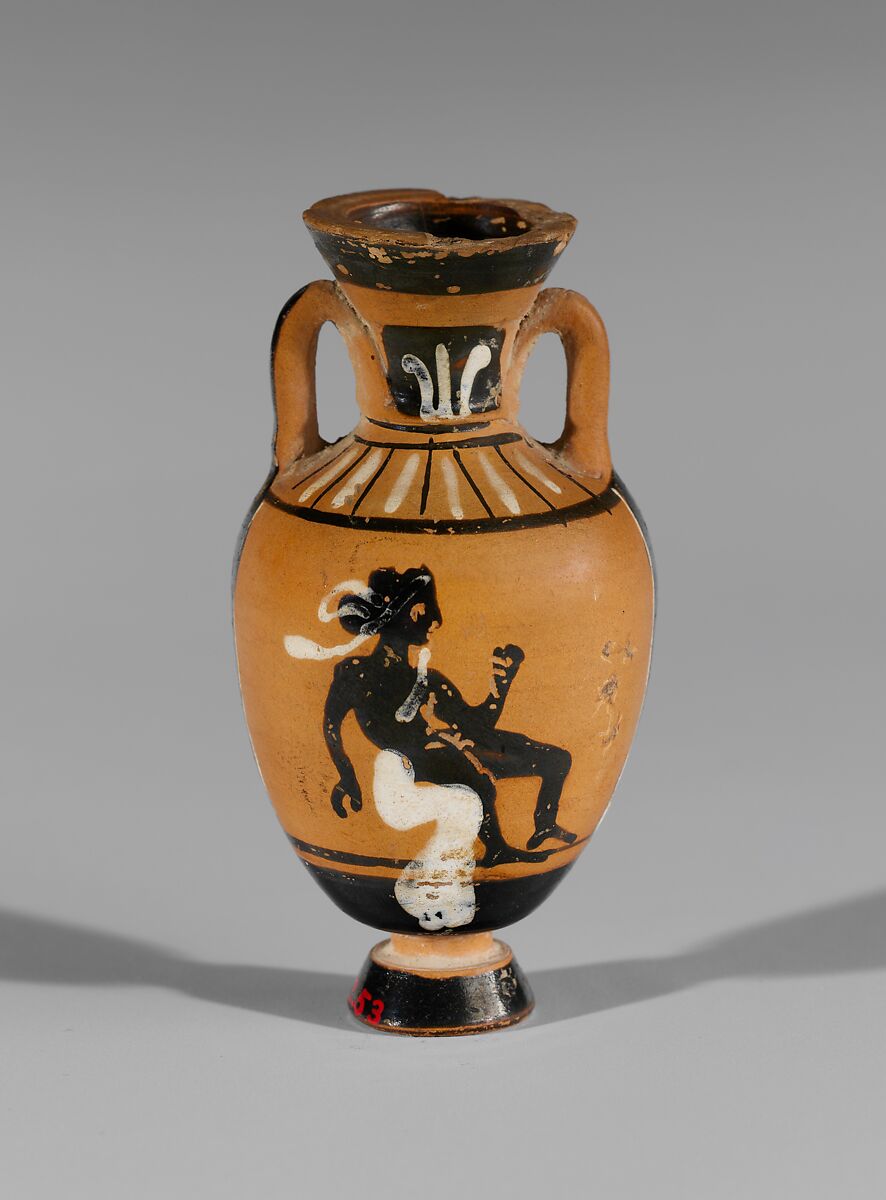 Terracotta miniature Panathenaic amphora, Attributed to the Bulas Group, Terracotta, Greek, Attic 