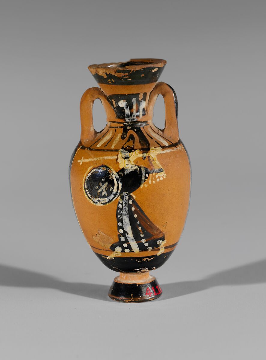 Terracotta miniature Panathenaic amphora, Attributed to the Bulas Group, Terracotta, Greek, Attic