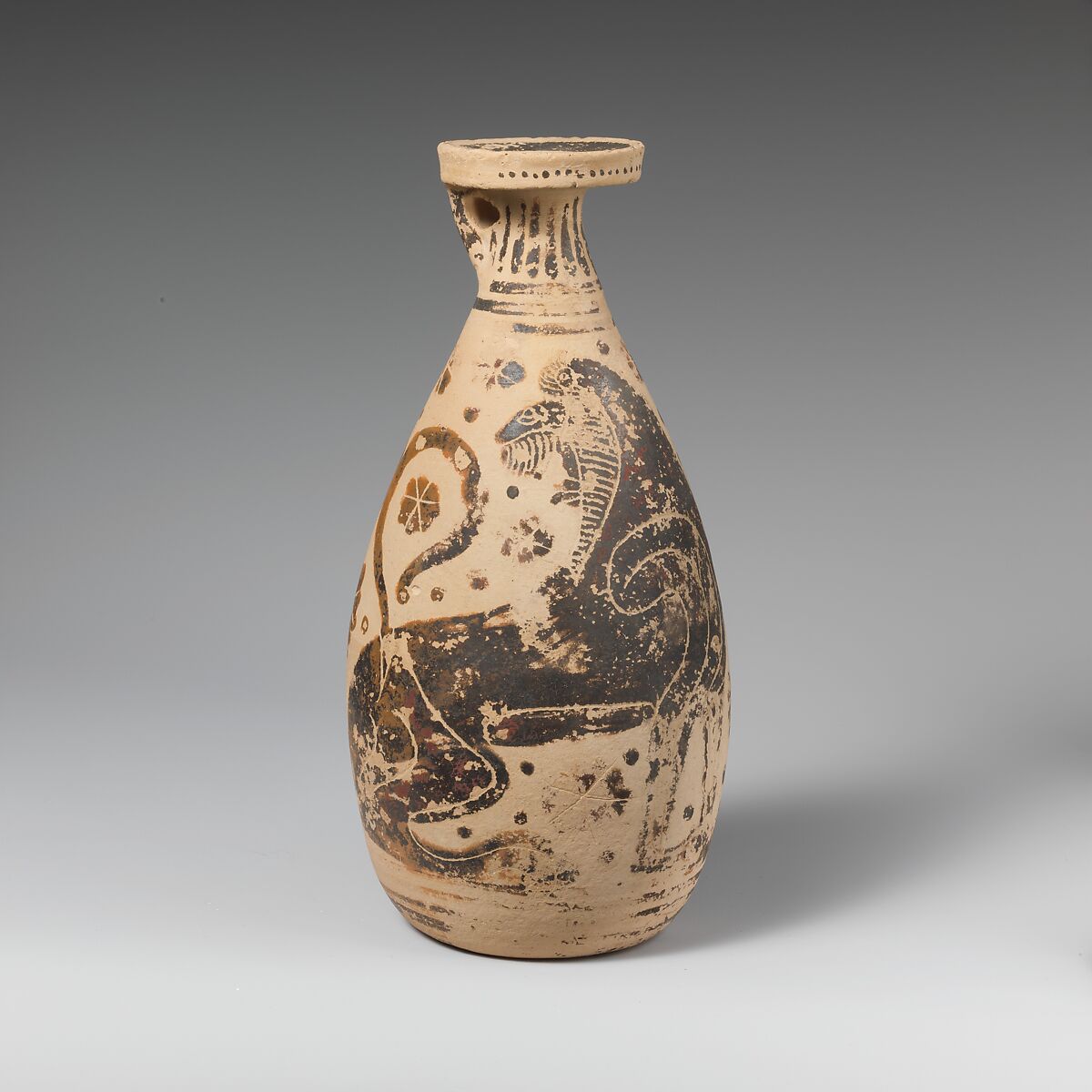 Terracotta alabastron (perfume vase), Attributed to near the Laurion Painter, Terracotta, Greek, Corinthian 