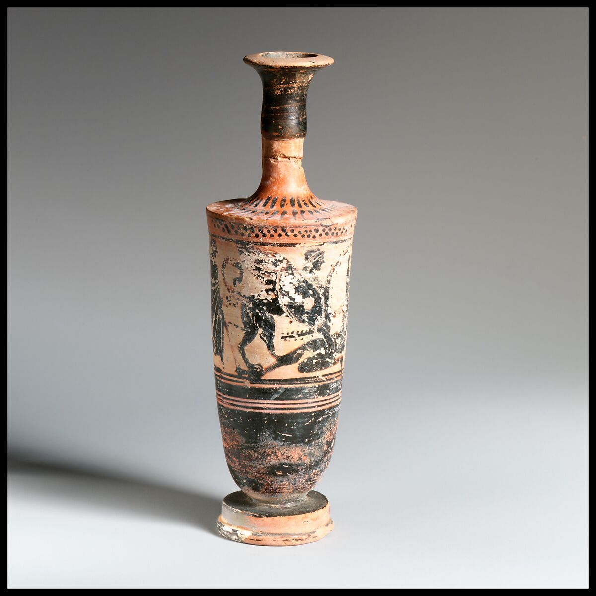 Terracotta lekythos (oil flask), Attributed to the Emporion Painter, Terracotta, Greek, Attic 