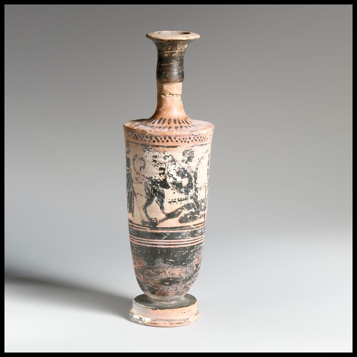 Terracotta lekythos (oil flask), Attributed to the Emporion Painter, Terracotta, Greek, Attic