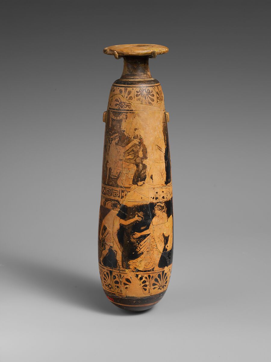 Terracotta alabastron (perfume vase), Attributed to the Beth Pelet Painter, Terracotta, Greek, Attic 