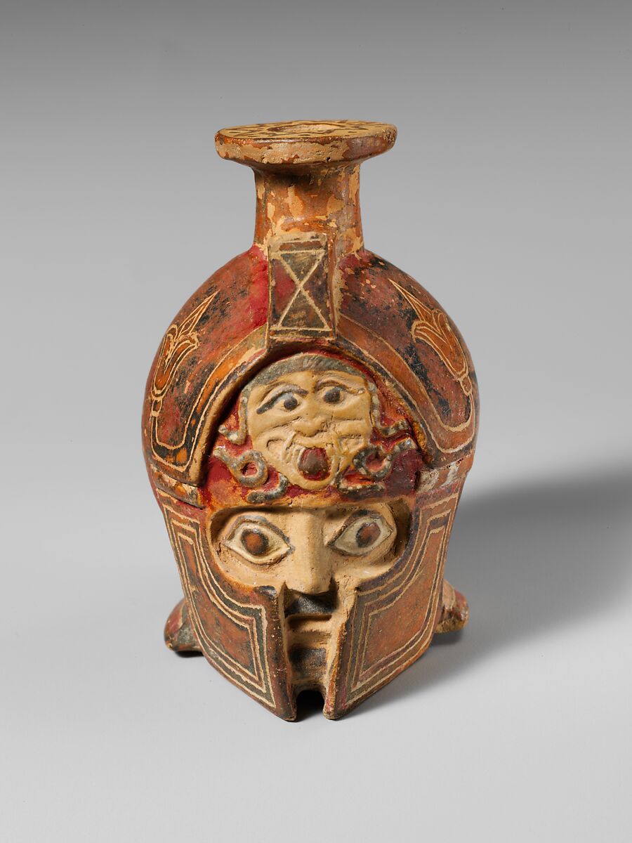 Terracotta aryballos in the form of a helmeted head, Terracotta, East Greek 