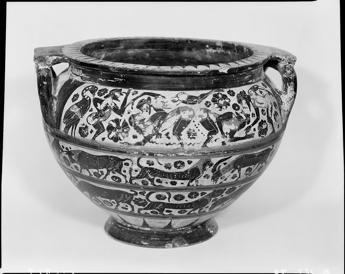 Terracotta column-krater (bowl for mixing wine and water), Terracotta, Greek, Corinthian 