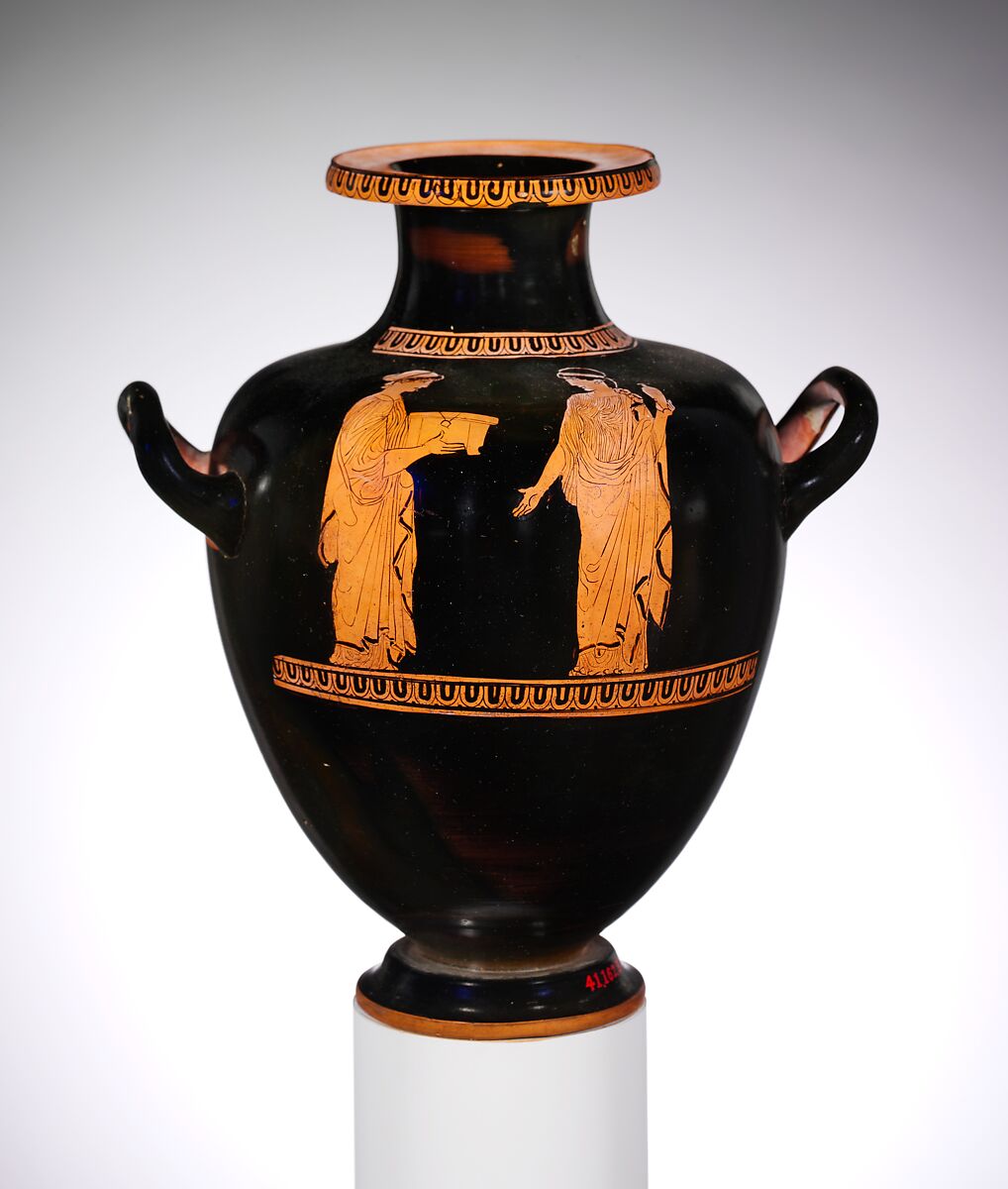 Terracotta hydria: kalpis (water jar), Terracotta, Greek, Attic 