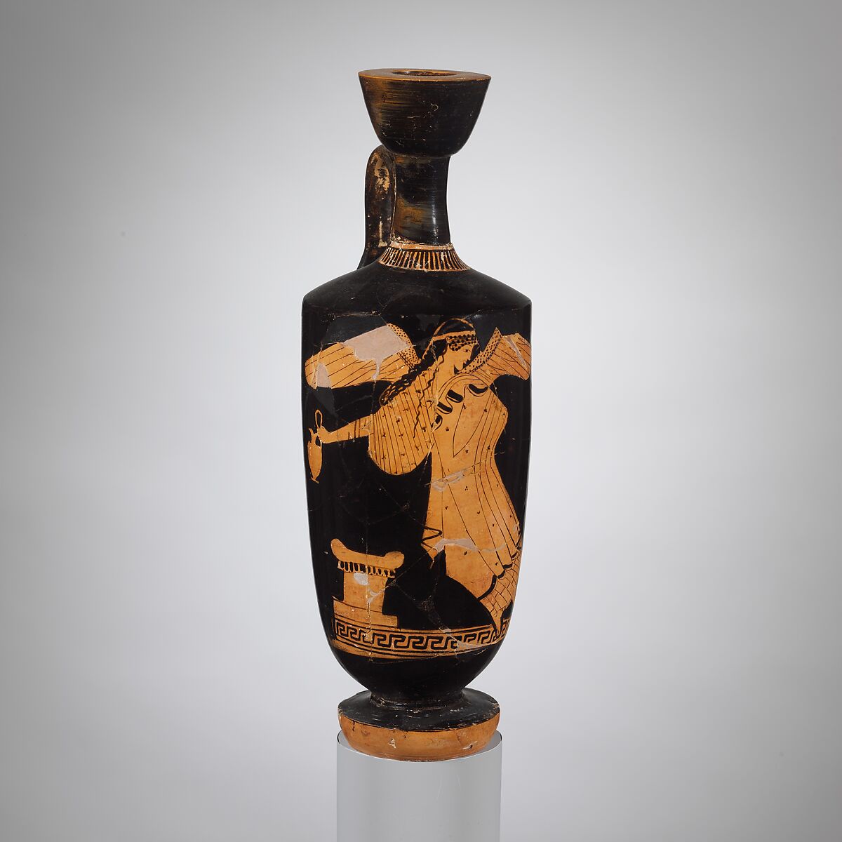 Terracotta lekythos (oil jar), Attributed to the Painter of Palermo 4, Terracotta, Greek, Attic 