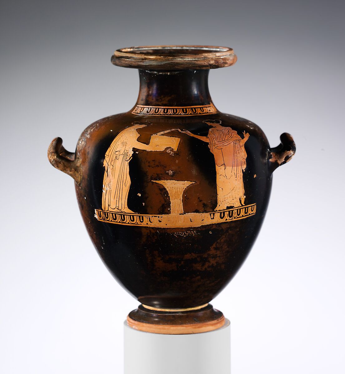 Terracotta hydria: kalpis (water jar), Attributed to the Shuvalov Painter, Terracotta, Greek, Attic 