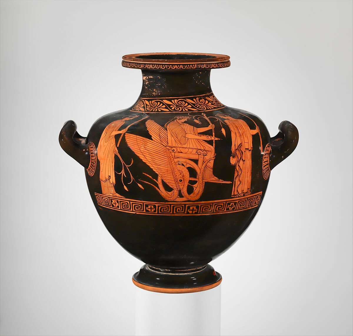 Terracotta hydria: kalpis (water jar), Attributed to the Niobid Painter, Terracotta, Greek, Attic 