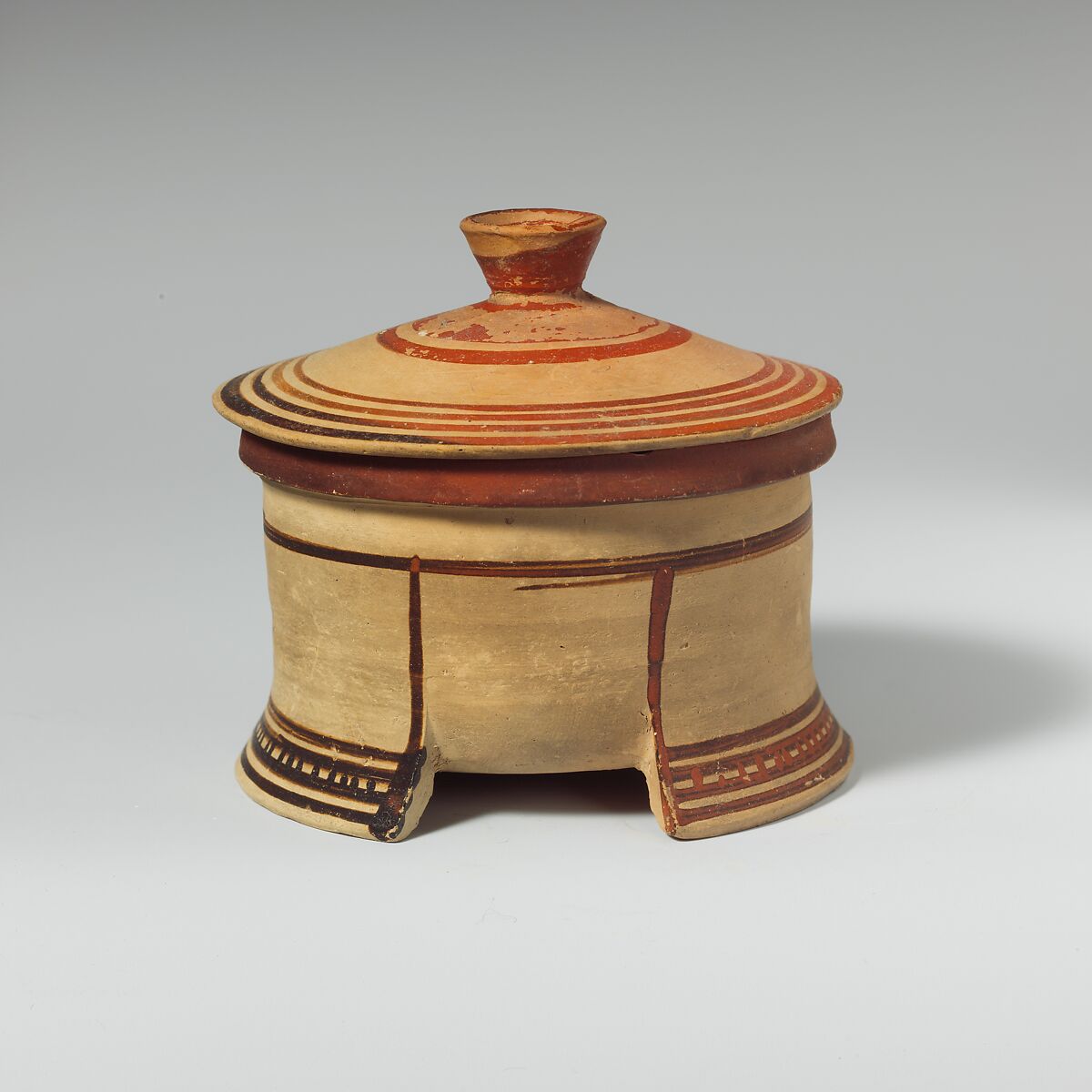 Terracotta tripod-pyxis (box), Terracotta, Greek, Corinthian 