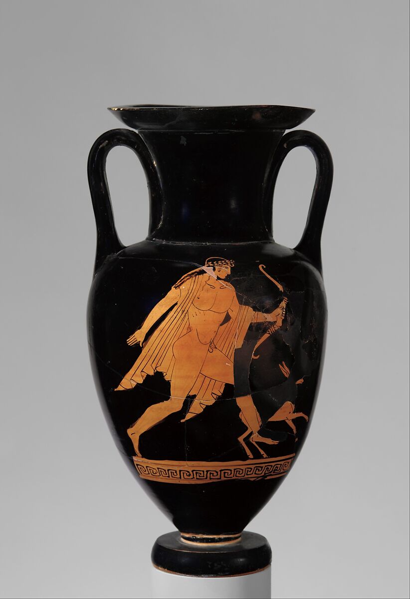 Terracotta Nolan neck-amphora (jar), Attributed to the manner of the Bowdoin Painter, Terracotta, Greek, Attic 