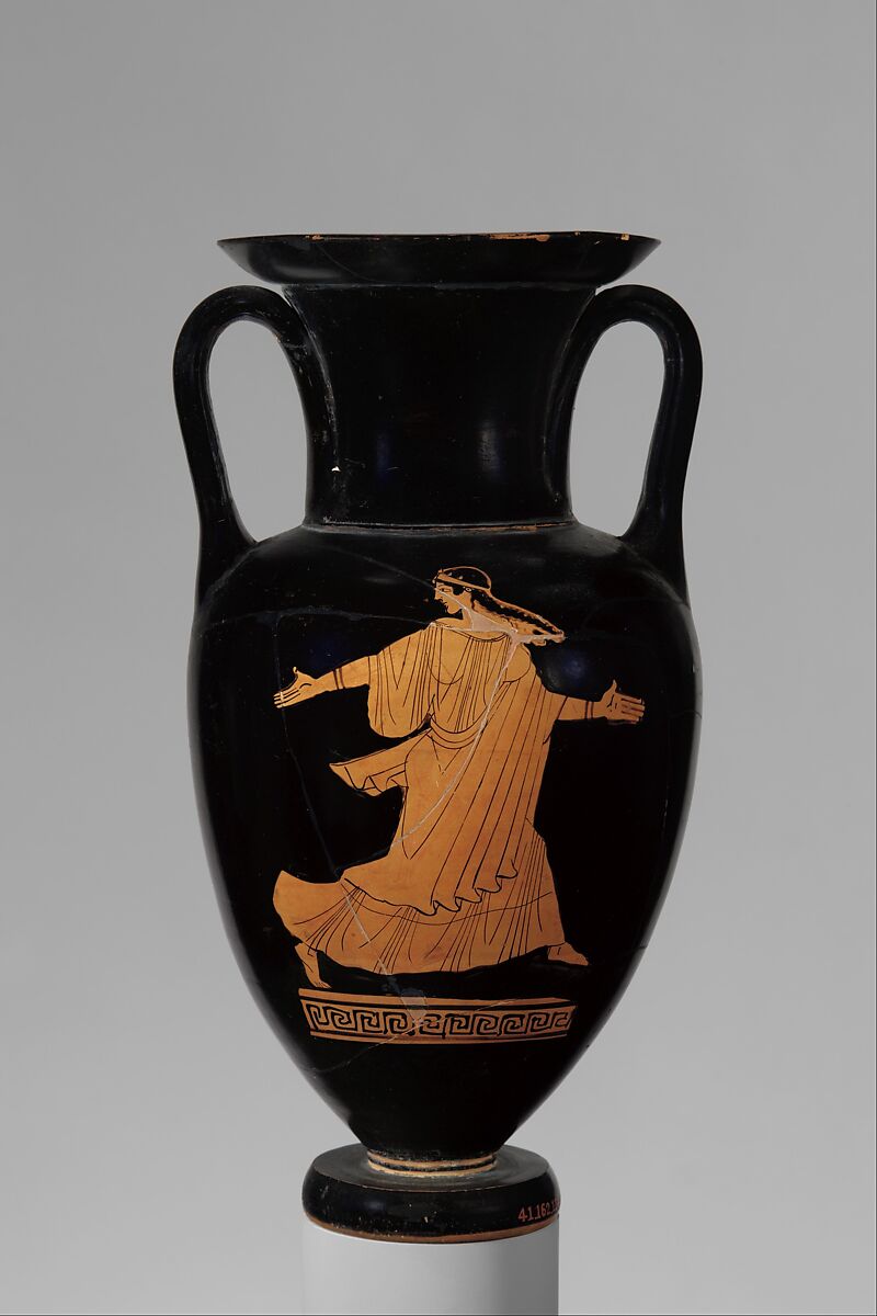 Terracotta Nolan neck-amphora (jar), Attributed to the manner of the Bowdoin Painter, Terracotta, Greek, Attic