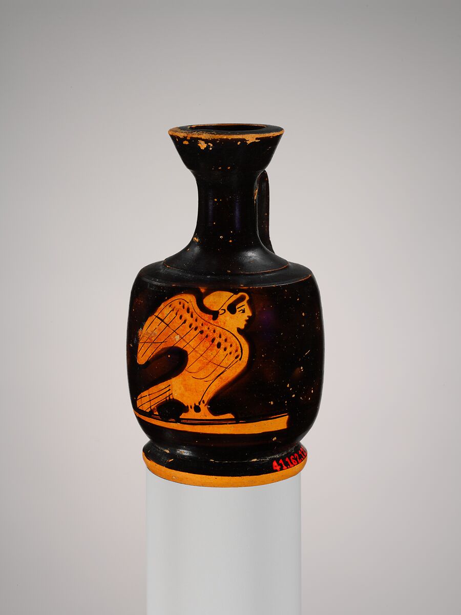 Miniature terracotta squat lekythos (oil flask) with siren, Attributed to the Seireniske Painter, Terracotta, Greek, Attic 