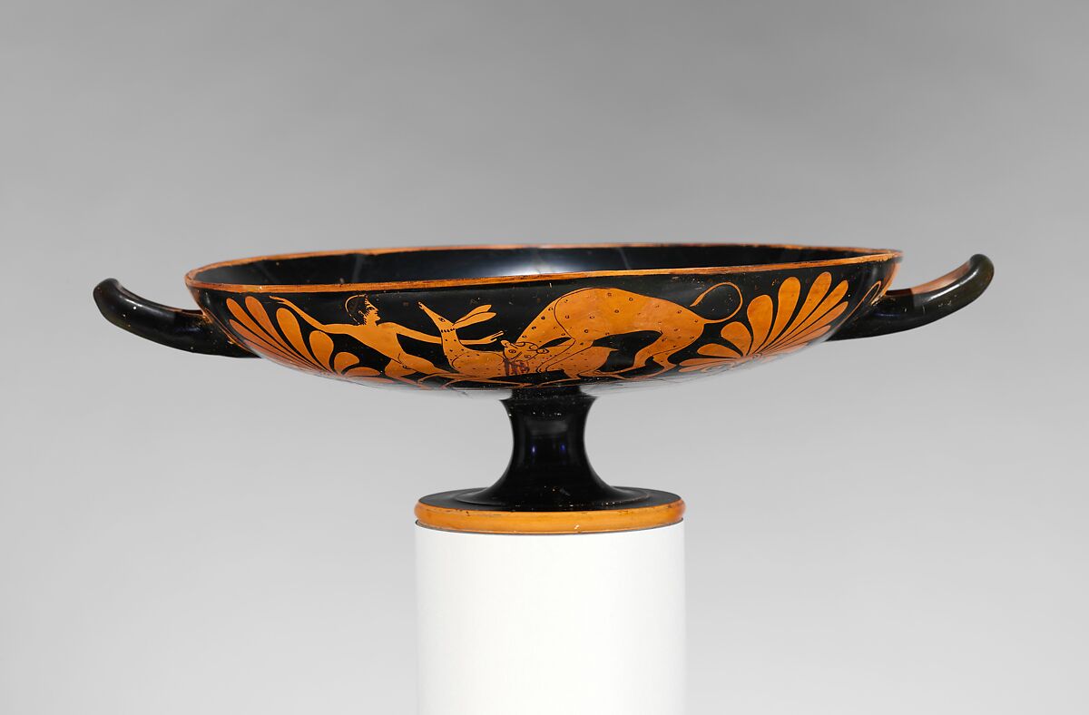 Terracotta kylix (drinking cup), Attributed to the Euergides Painter, Terracotta, Greek, Attic 