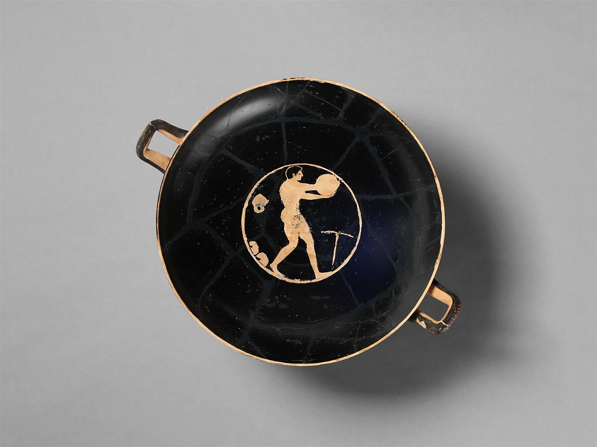 Terracotta kylix (drinking cup), Attributed to the manner of the Epeleios Painter, Terracotta, Greek, Attic