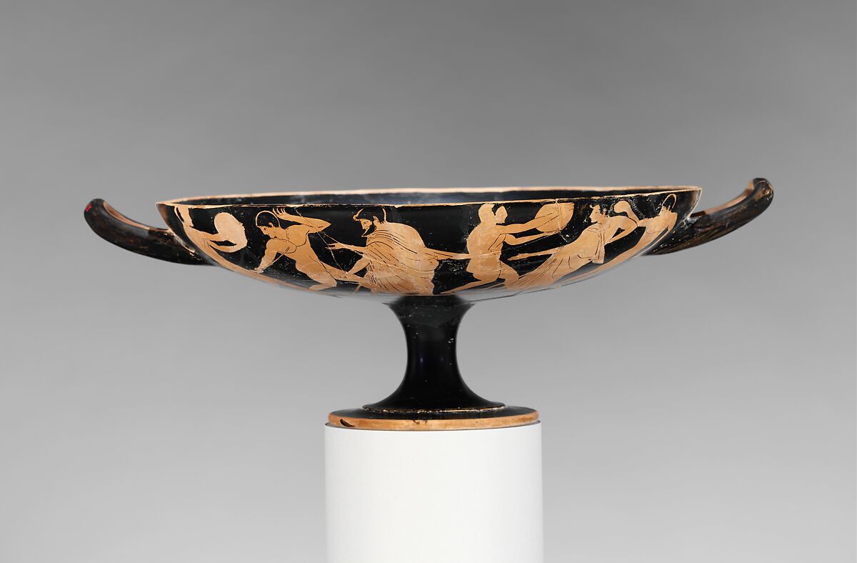 Terracotta kylix (drinking cup), Attributed to the manner of the Epeleios Painter, Terracotta, Greek, Attic 
