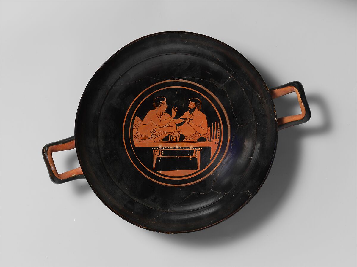 Terracotta stemless kylix (drinking cup), Attributed to the Marlay Painter, Terracotta, Greek, Attic 