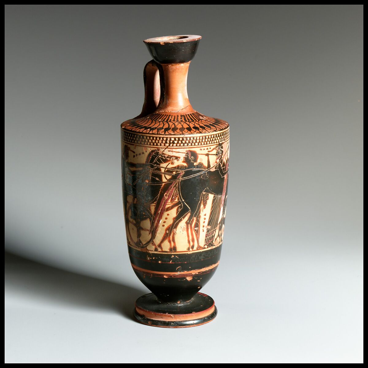 Terracotta lekythos (perfume flask), Attributed to near the Sappho Painter, Terracotta, Greek, Attic 