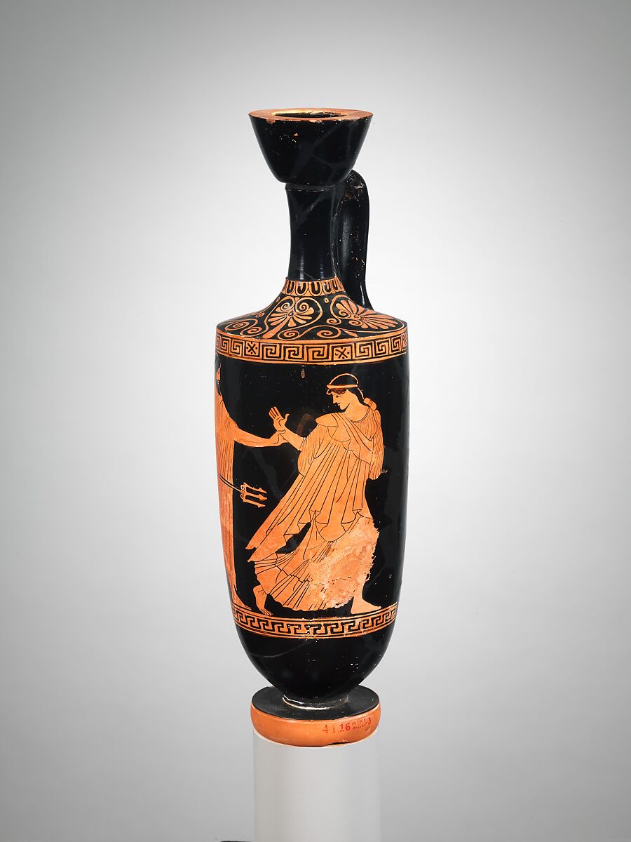 Terracotta lekythos (oil flask), Resembles rather early work of the Achilles Painter, Terracotta, Greek, Attic 